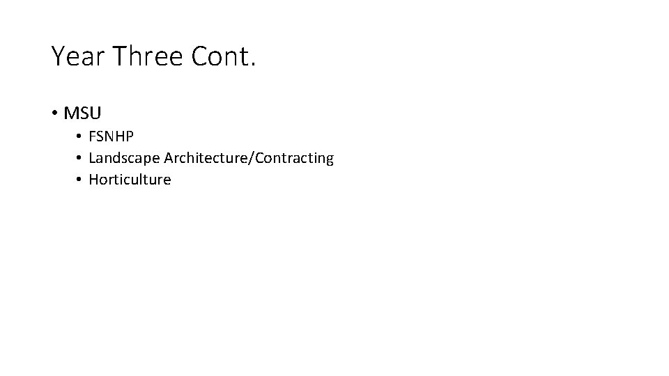 Year Three Cont. • MSU • FSNHP • Landscape Architecture/Contracting • Horticulture 