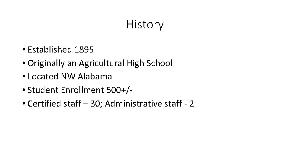 History • Established 1895 • Originally an Agricultural High School • Located NW Alabama