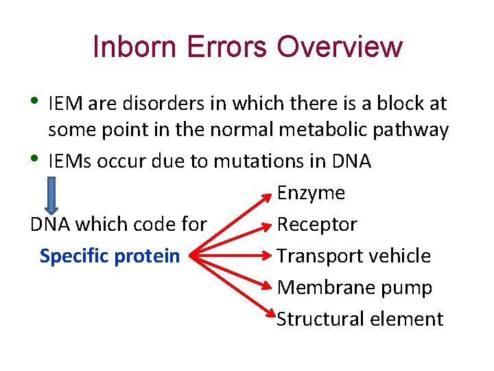 Inborn Errors Overview • IEM are disorders in which there is a block at