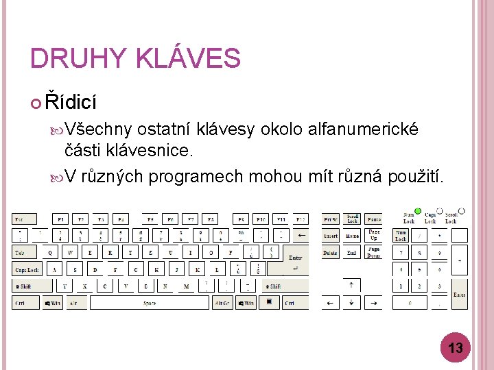 DRUHY KLÁVES Řídicí Všechny ostatní klávesy okolo alfanumerické části klávesnice. V různých programech mohou