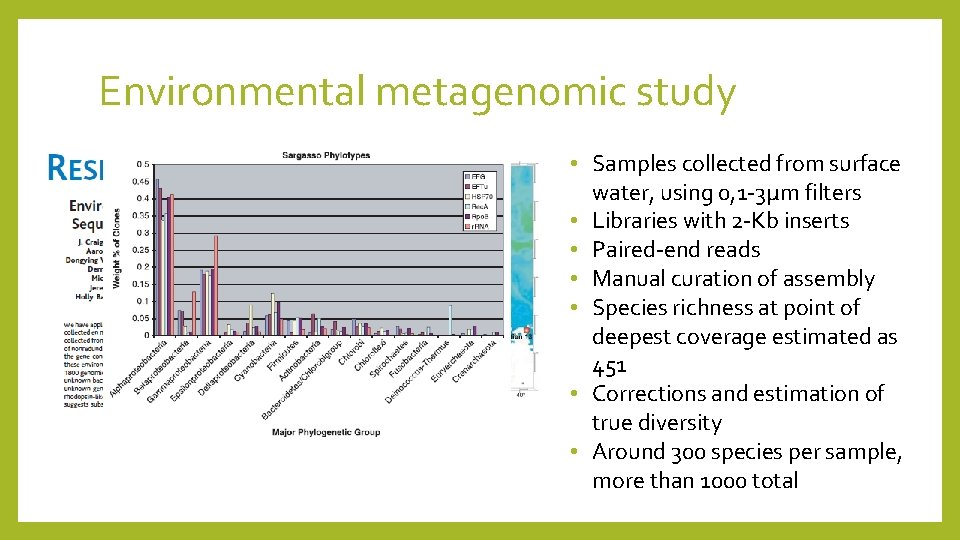 Environmental metagenomic study • Samples collected from surface water, using 0, 1 -3µm filters