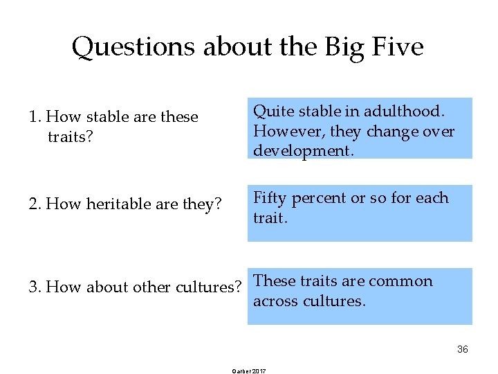 Questions about the Big Five 1. How stable are these traits? Quite stable in