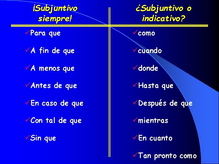 ¡Subjuntivo siempre! ¿Subjuntivo o indicativo? üPara que ücomo üA fin de que ücuando üA