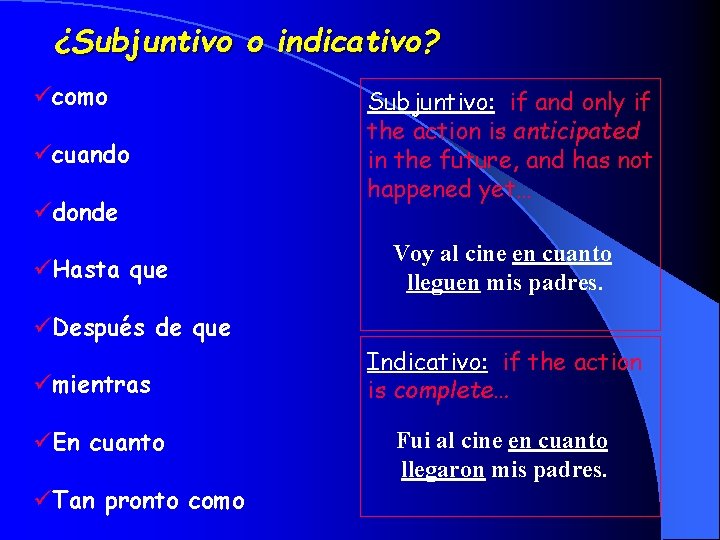 ¿Subjuntivo o indicativo? ücomo ücuando üdonde üHasta que Subjuntivo: if and only if the