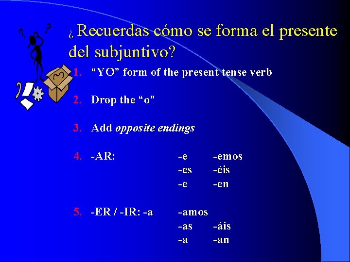 ¿ Recuerdas cómo se forma el presente del subjuntivo? 1. “YO” form of the