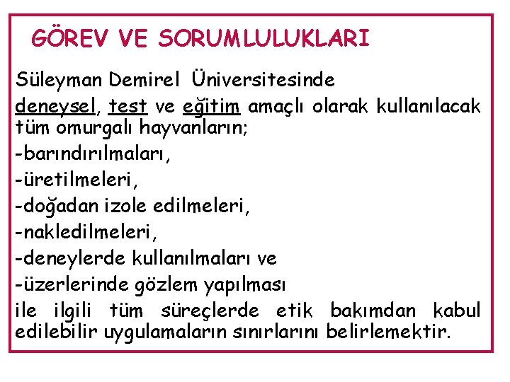 GÖREV VE SORUMLULUKLARI Süleyman Demirel Üniversitesinde deneysel, test ve eğitim amaçlı olarak kullanılacak tüm