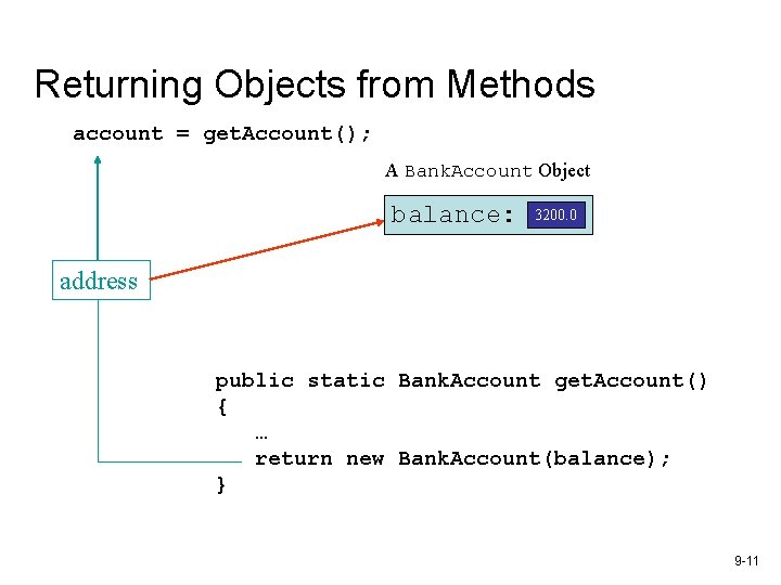 Returning Objects from Methods account = get. Account(); A Bank. Account Object balance: 3200. Returning Objects from Methods account = get. Account(); A Bank. Account Object balance: 3200.