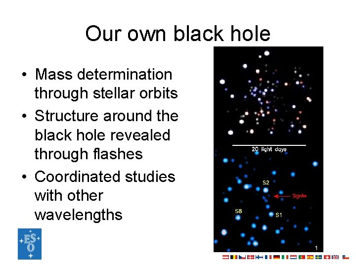 Our own black hole • Mass determination through stellar orbits • Structure around the