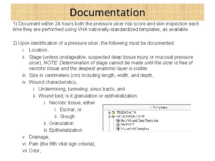 Documentation 1) Document within 24 hours both the pressure ulcer risk score and skin