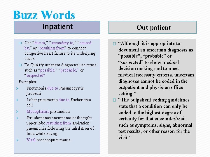 Buzz Words Inpatient Use “due to, ” “secondary to, ” “caused by, ” or