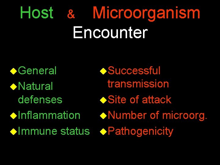 Host u. General Microorganism Encounter & u. Successful transmission defenses u. Site of attack