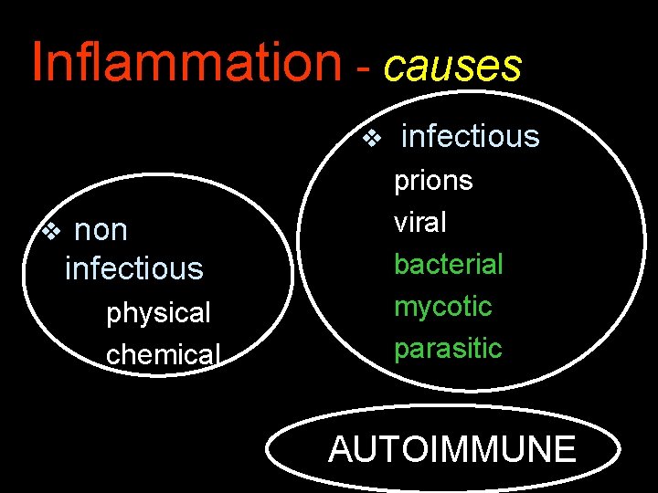 Inflammation - causes v v non infectious physical chemical infectious prions viral bacterial mycotic