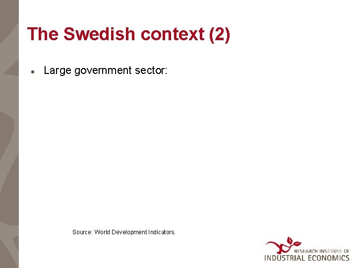 The Swedish context (2) Large government sector: Source: World Development Indicators. 