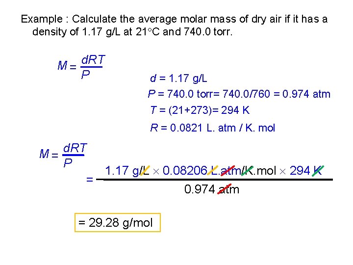 Example : Calculate the average molar mass of dry air if it has a