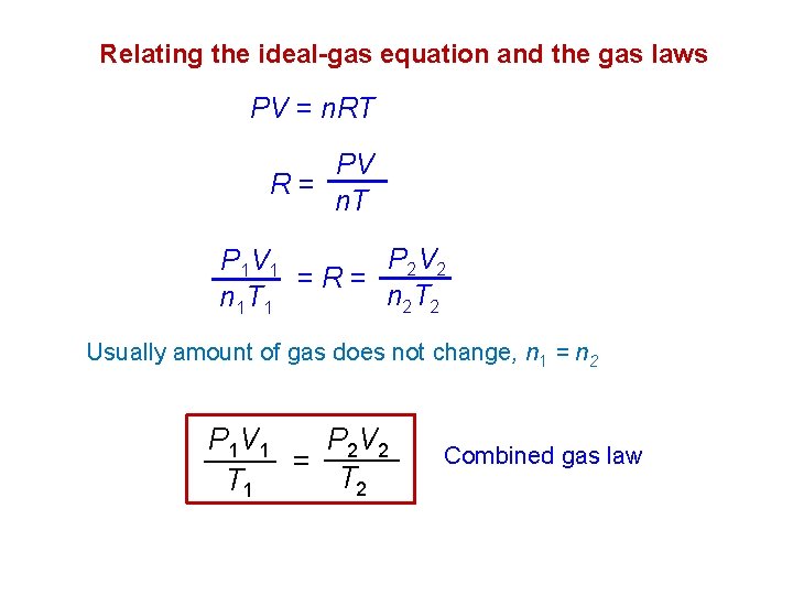Relating the ideal-gas equation and the gas laws PV = n. RT PV R=