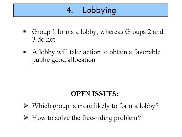 4. Lobbying § Group 1 forms a lobby, whereas Groups 2 and 3 do