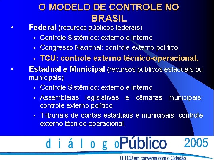  • O MODELO DE CONTROLE NO BRASIL Federal (recursos públicos federais) Controle Sistêmico: