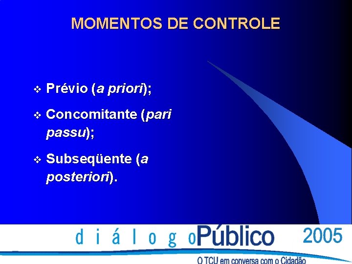 MOMENTOS DE CONTROLE v Prévio (a priori); v Concomitante (pari passu); v Subseqüente (a