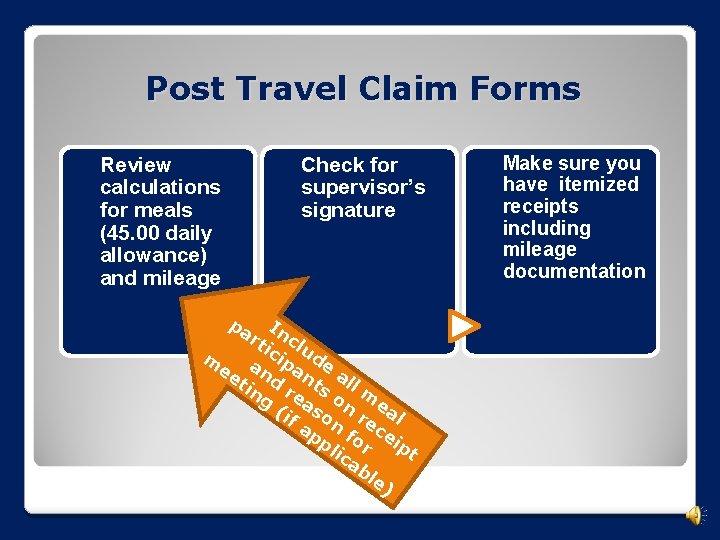 Post Travel Claim Forms Review calculations for meals (45. 00 daily allowance) and mileage