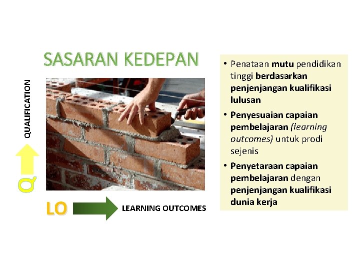 Q QUALIFICATION SASARAN KEDEPAN LO LEARNING OUTCOMES • Penataan mutu pendidikan tinggi berdasarkan penjenjangan