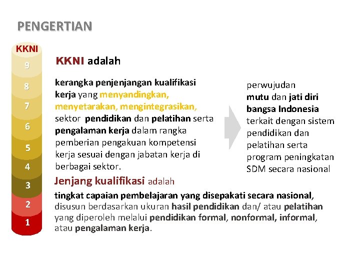 PENGERTIAN KKNI 9 KKNI adalah 4 kerangka penjenjangan kualifikasi kerja yang menyandingkan, menyetarakan, mengintegrasikan,