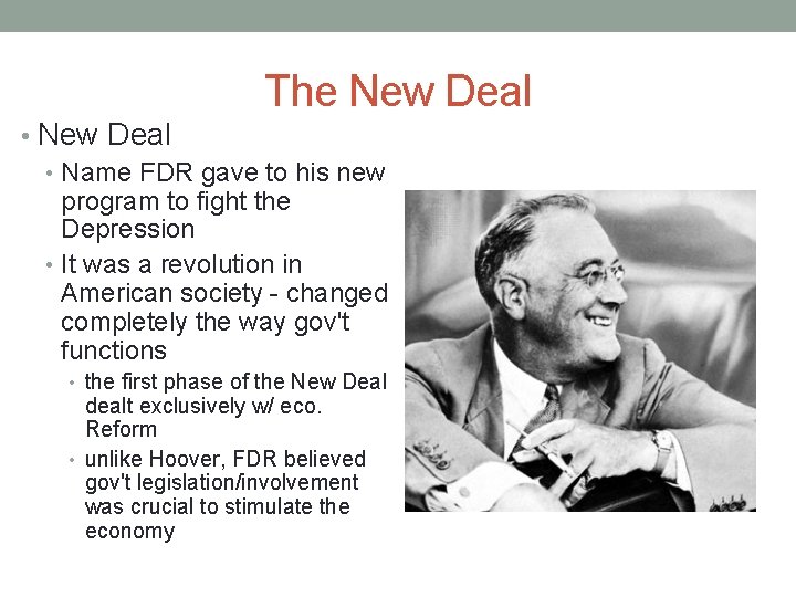 The New Deal • Name FDR gave to his new program to fight the