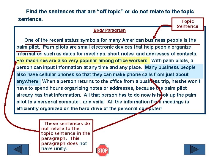 Find the sentences that are “off topic” or do not relate to the topic