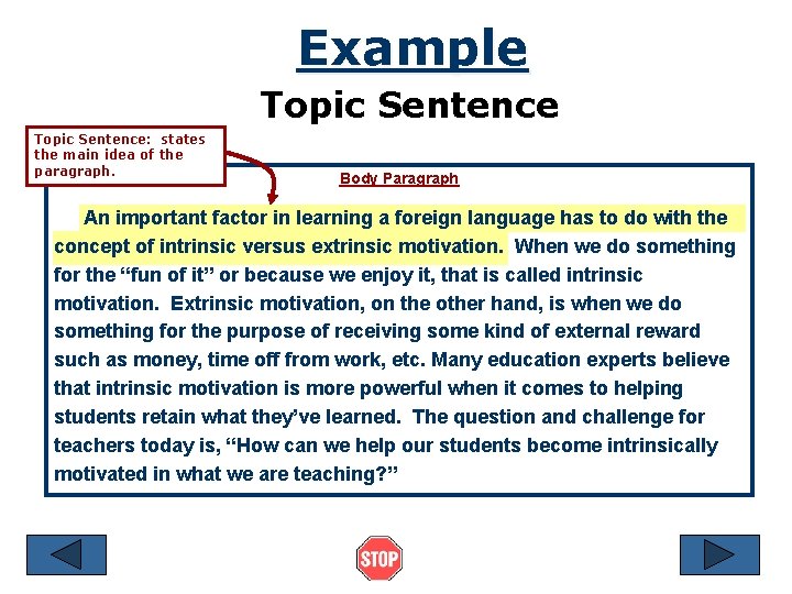 Example Topic Sentence: states the main idea of the paragraph. Body Paragraph An important