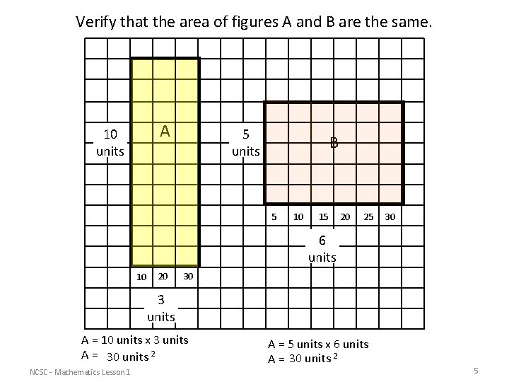 Verify that the area of figures A and B are the same. A 10