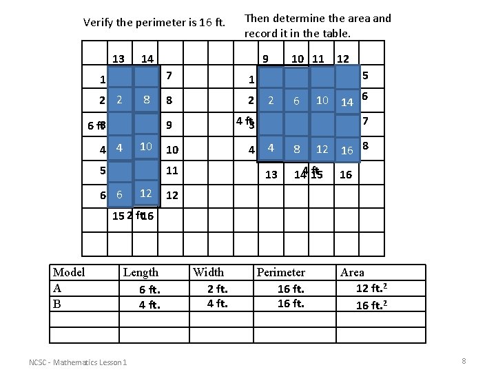 Verify the perimeter is 16 ft. 13 A 6 ft 3 8 10 4