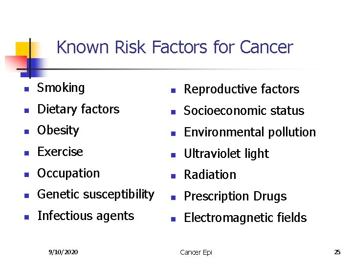 Known Risk Factors for Cancer n Smoking n Reproductive factors n Dietary factors n