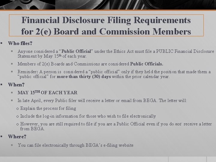 § § § Financial Disclosure Filing Requirements for 2(e) Board and Commission Members Who