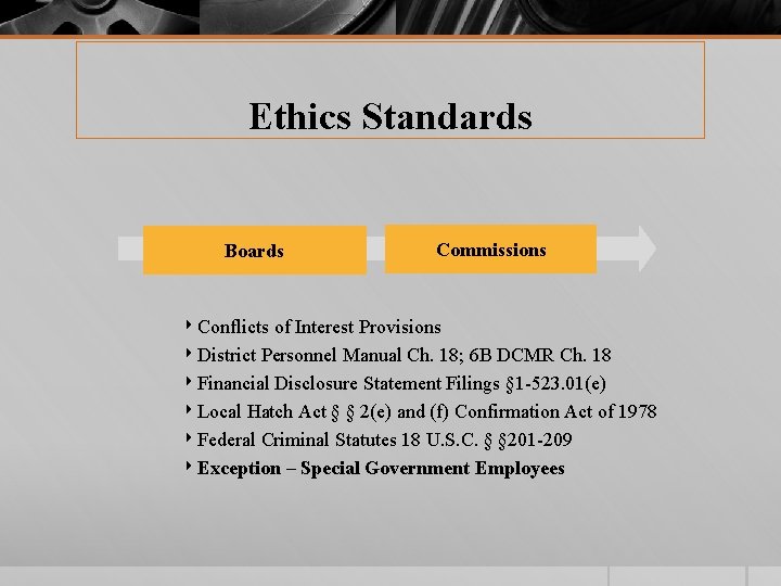 Ethics Standards Boards Commissions ‣ Conflicts of Interest Provisions ‣ District Personnel Manual Ch.
