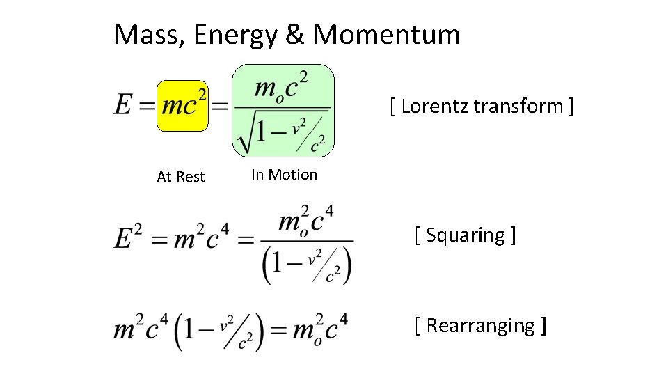 Mass, Energy & Momentum [ Lorentz transform ] At Rest In Motion [ Squaring
