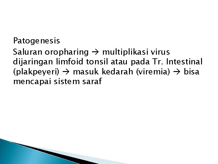 Patogenesis Saluran oropharing multiplikasi virus dijaringan limfoid tonsil atau pada Tr. Intestinal (plakpeyeri) masuk
