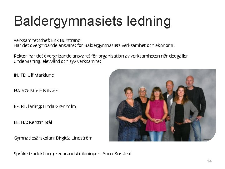 Baldergymnasiets ledning Verksamhetschef: Erik Burstrand Har det övergripande ansvaret för Baldergymnasiets verksamhet och ekonomi.