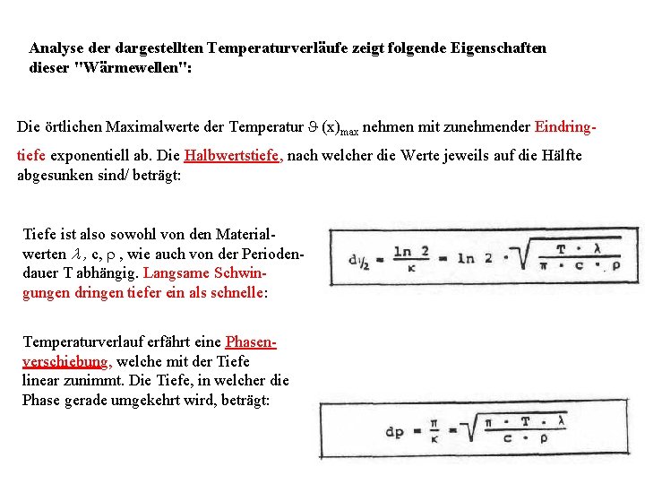 Analyse der dargestellten Temperaturverläufe zeigt folgende Eigenschaften dieser "Wärmewellen": Die örtlichen Maximalwerte der Temperatur