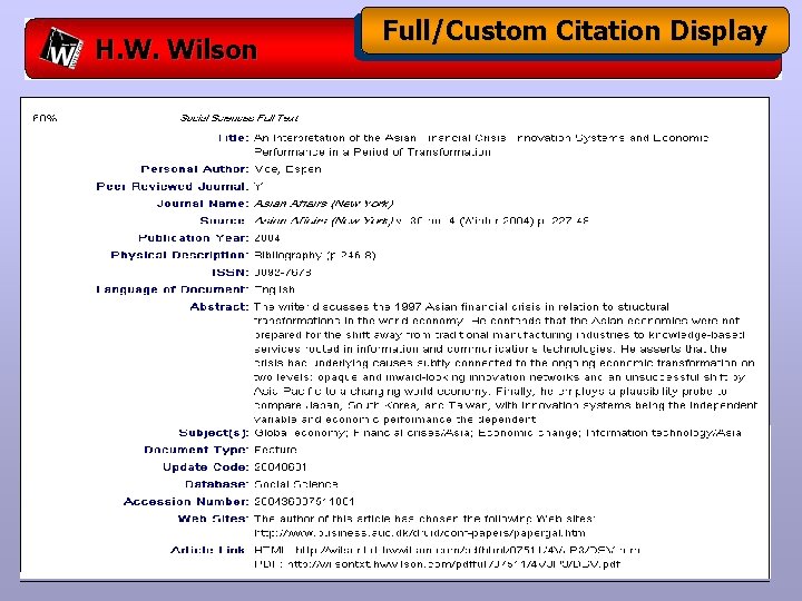 H. W. Wilson Full/Custom Citation Display 
