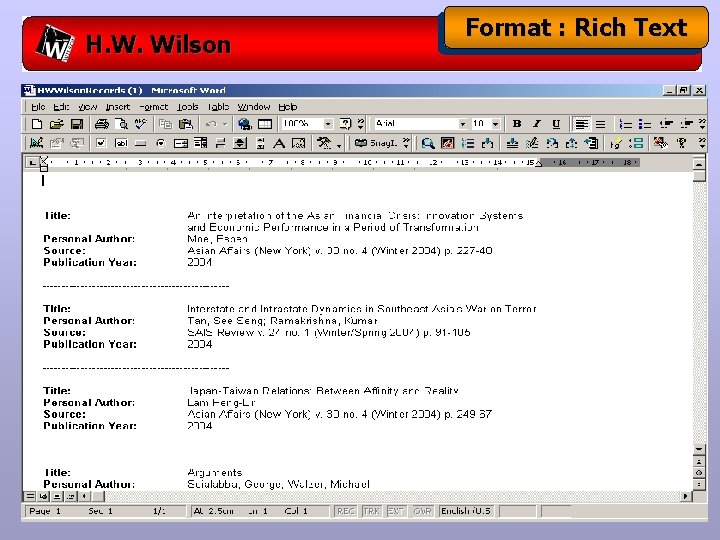 H. W. Wilson Format : Rich Text 