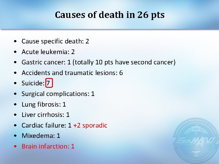 Causes of death in 26 pts • • • Cause specific death: 2 Acute