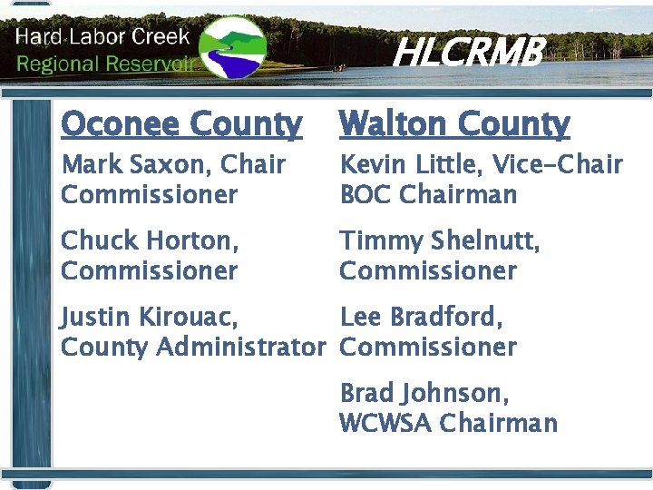 HLCRMB Oconee County Walton County Chuck Horton, Commissioner Timmy Shelnutt, Commissioner Mark Saxon, Chair
