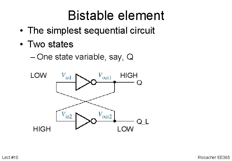 Bistable element • The simplest sequential circuit • Two states – One state variable,