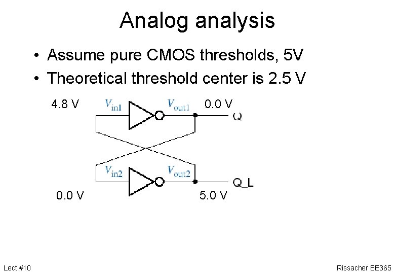 Analog analysis • Assume pure CMOS thresholds, 5 V • Theoretical threshold center is