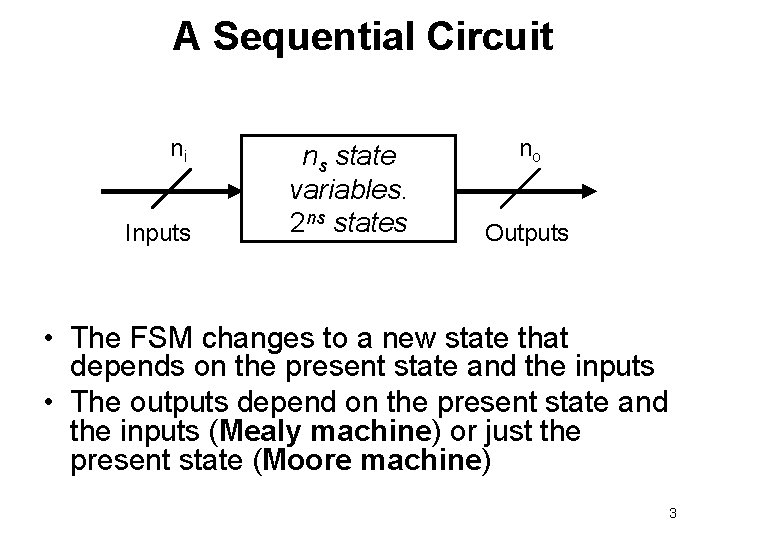 A Sequential Circuit ni Inputs ns state variables. 2 ns states no Outputs •