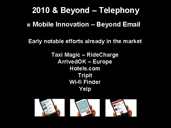 2010 & Beyond – Telephony ■ Mobile Innovation – Beyond Email Early notable efforts