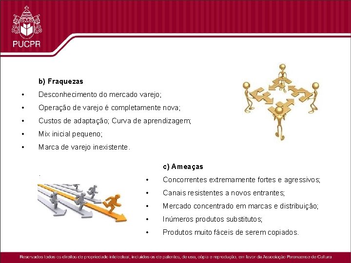 b) Fraquezas • Desconhecimento do mercado varejo; • Operação de varejo é completamente nova;