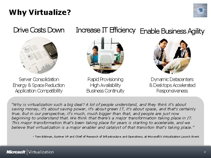 Why Virtualize? Drive Costs Down Server Consolidation Energy & Space Reduction Application Compatibility Increase