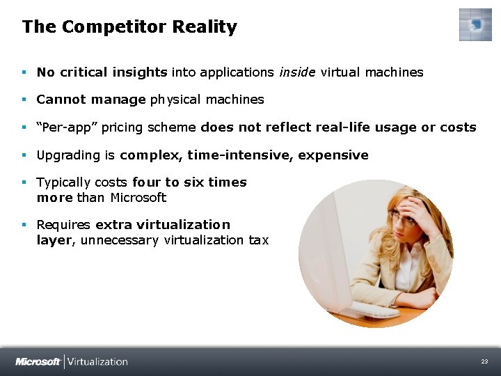The Competitor Reality § No critical insights into applications inside virtual machines § Cannot
