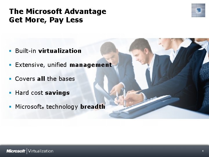 The Microsoft Advantage Get More, Pay Less § Built-in virtualization § Extensive, unified management