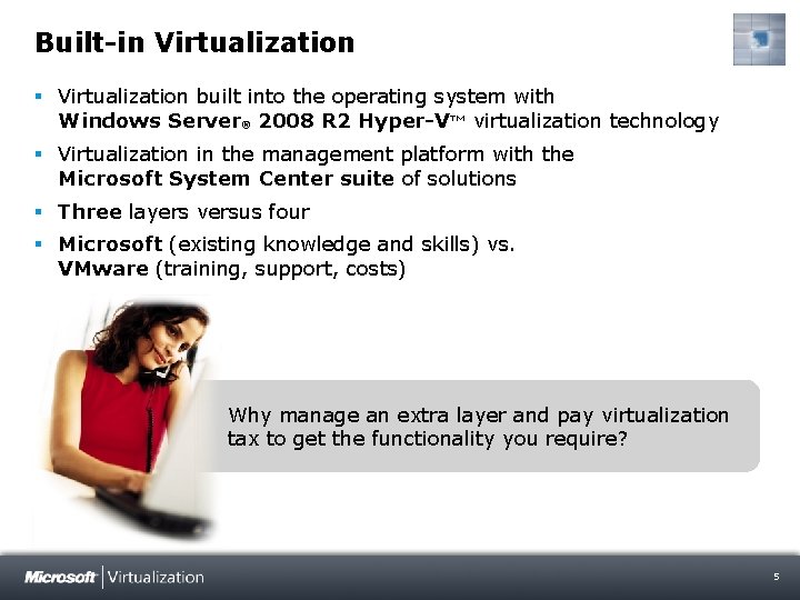 Built-in Virtualization § Virtualization built into the operating system with Windows Server® 2008 R